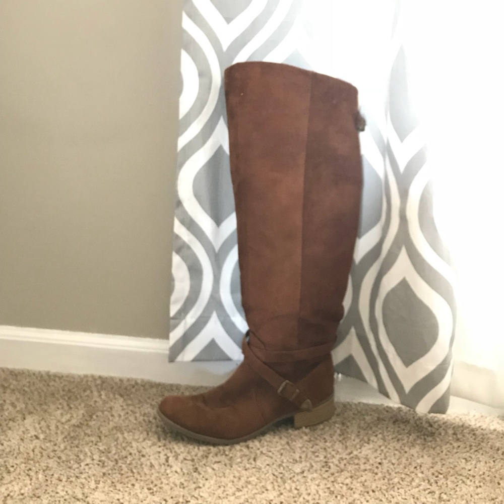 Brown Suede Knee High Wide Calf Boots